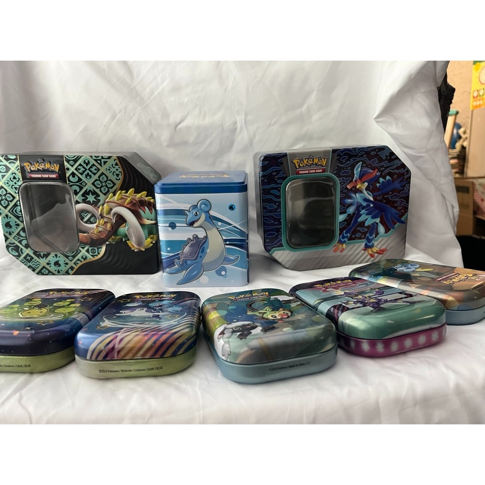 Lot of 8 Empty Pokemon TCG Collector Tins Mini Tins Lapras Koraidon Zacian +